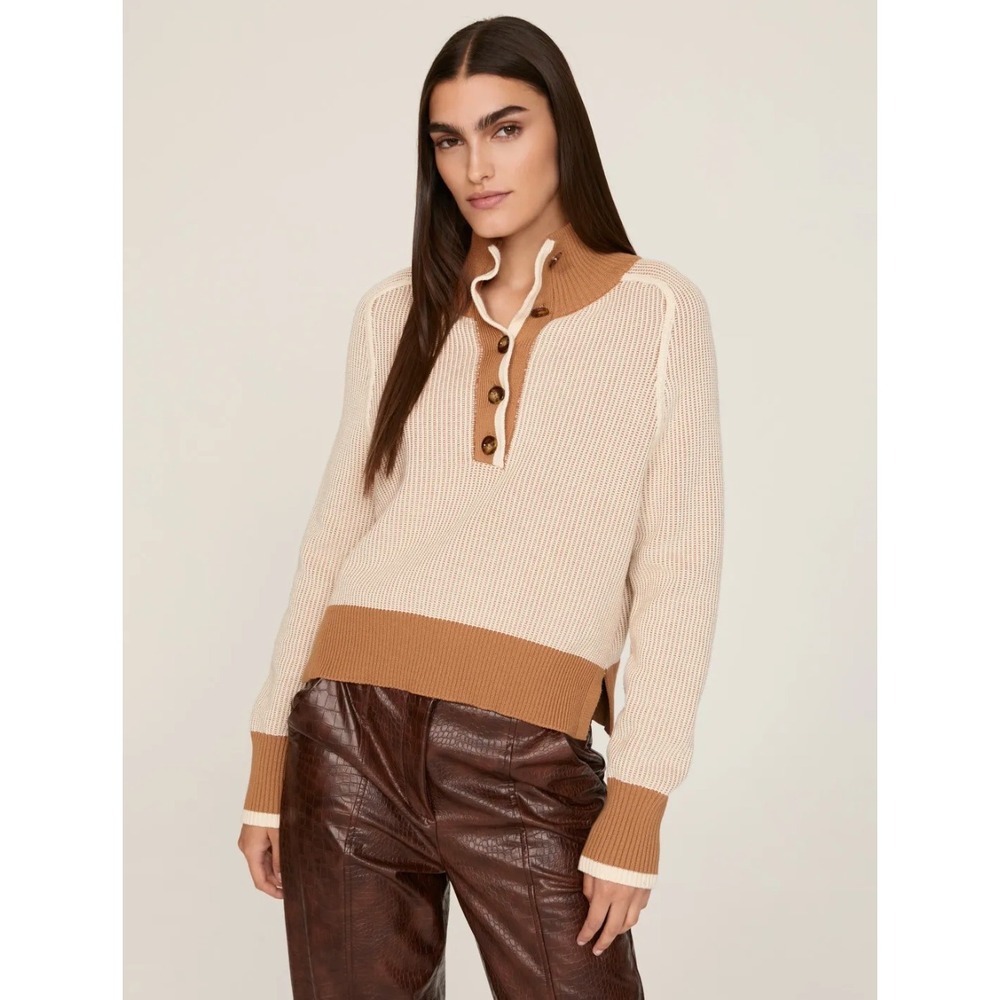 Veronica Beard Toraja Knit Sweater Brown Tan Mock Neck Button Detail Women's L